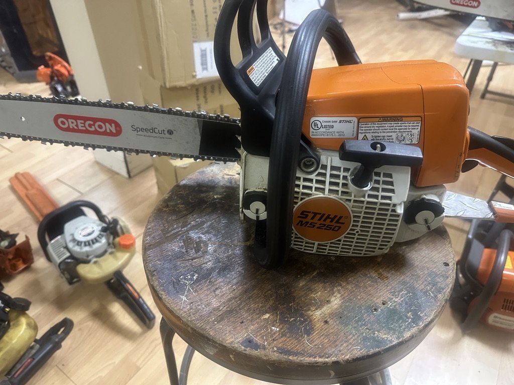The running Stihl MS250 with a new Oregon bar and chain