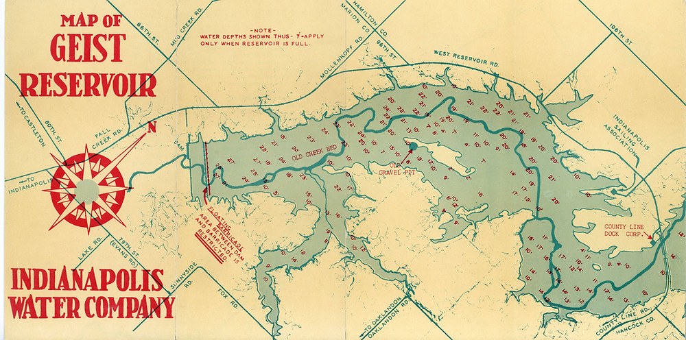 Vintage Indianapolis Water Company map of Geist Reservoir showing water depths, the old creek bed and surrounding roads
