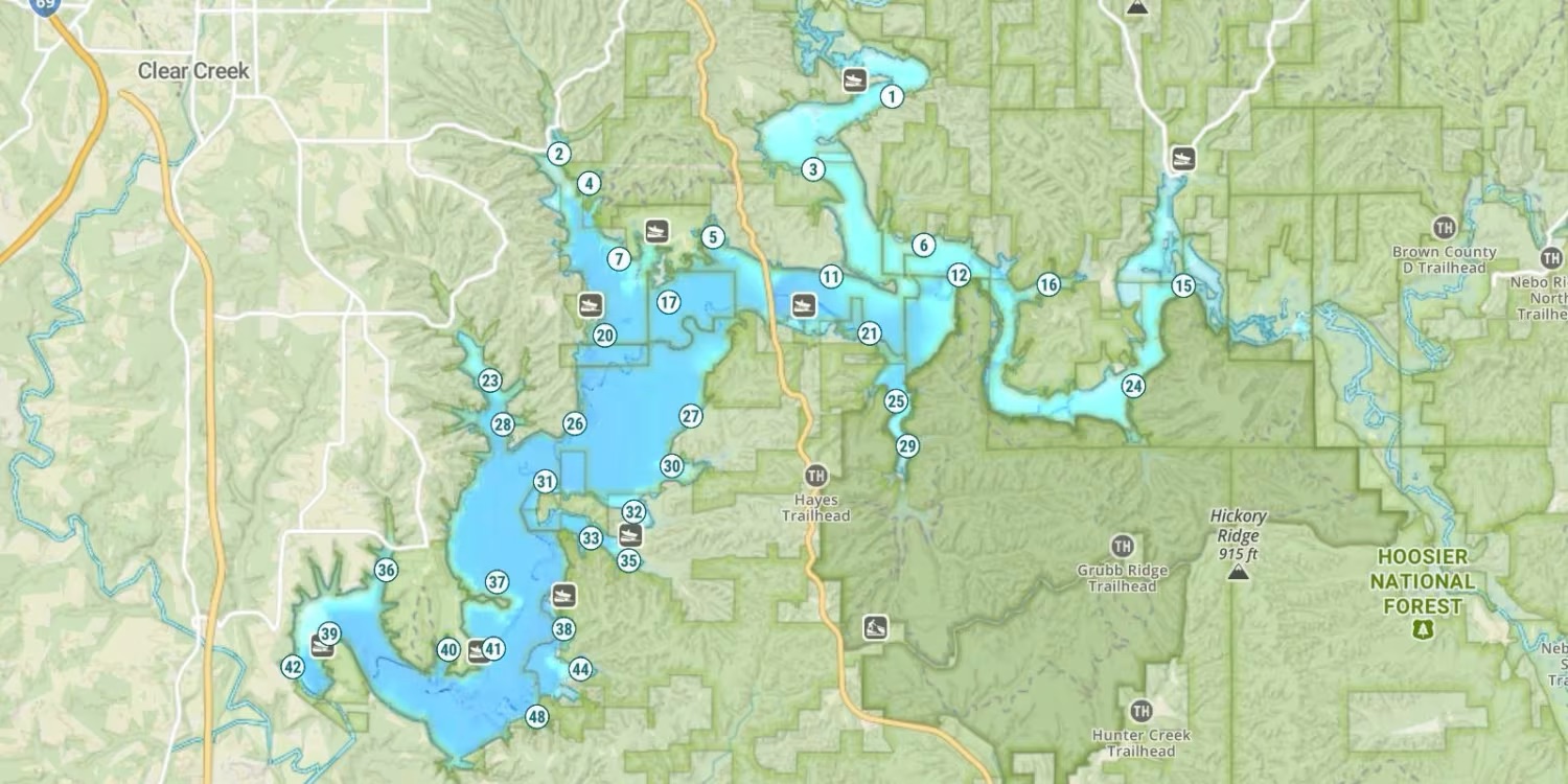 Map of Lake Monroe showing the Pointe at the west end across from the dam
