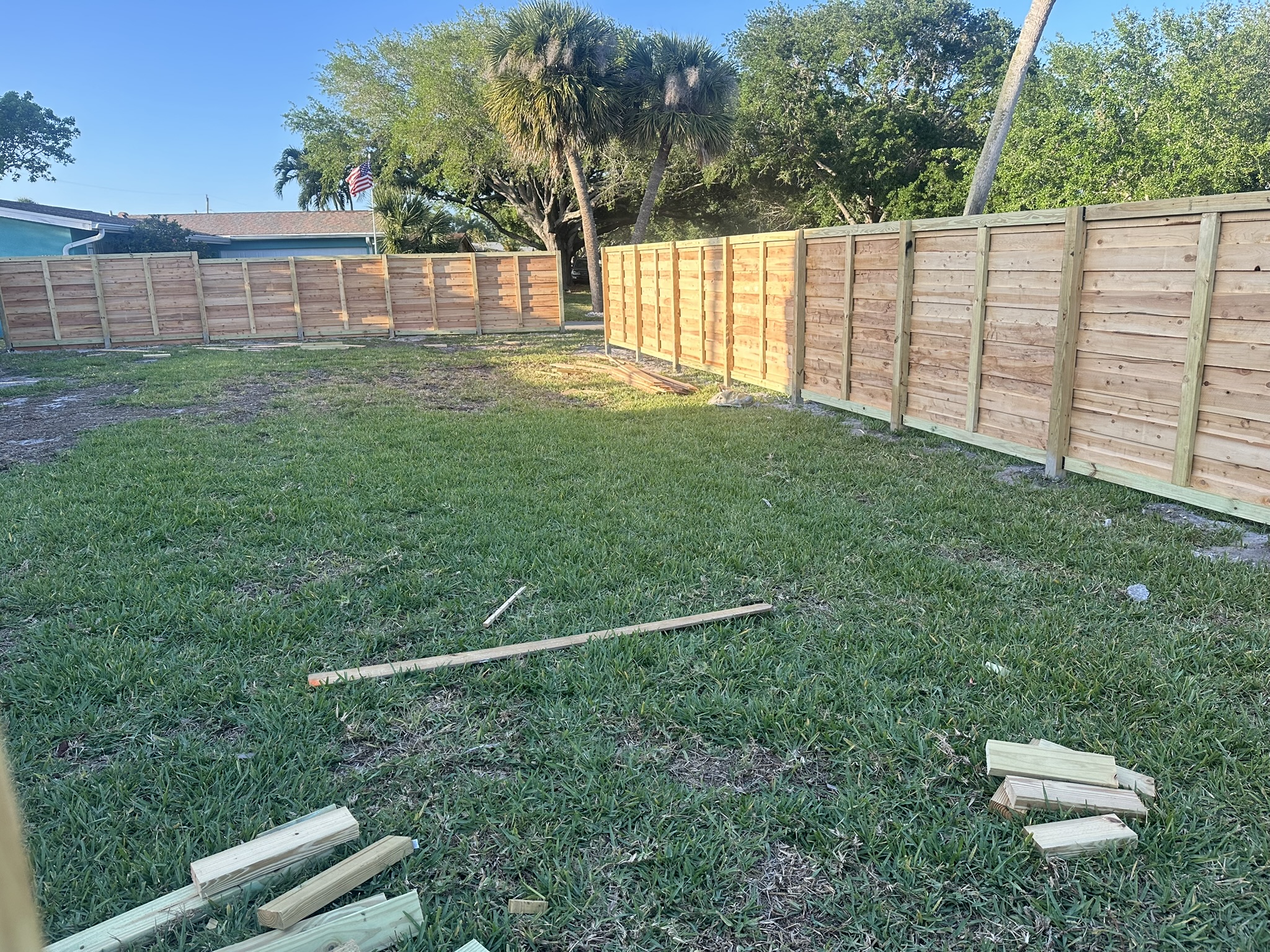 The completed fence viewed from inside Drew's yard