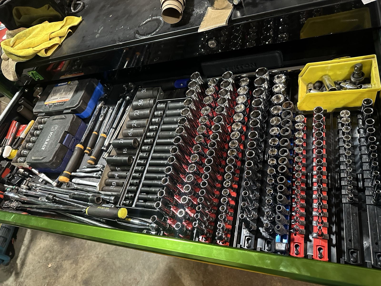 The socket drawer in Eric's Matco toolbox, arranged with ratchets, extensions, wrenches, and sockets